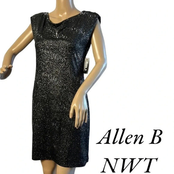 Sequin Dress by Allen Schwartz NWT black shimmer dress, back cut out, ribbons - Picture 3 of 11
